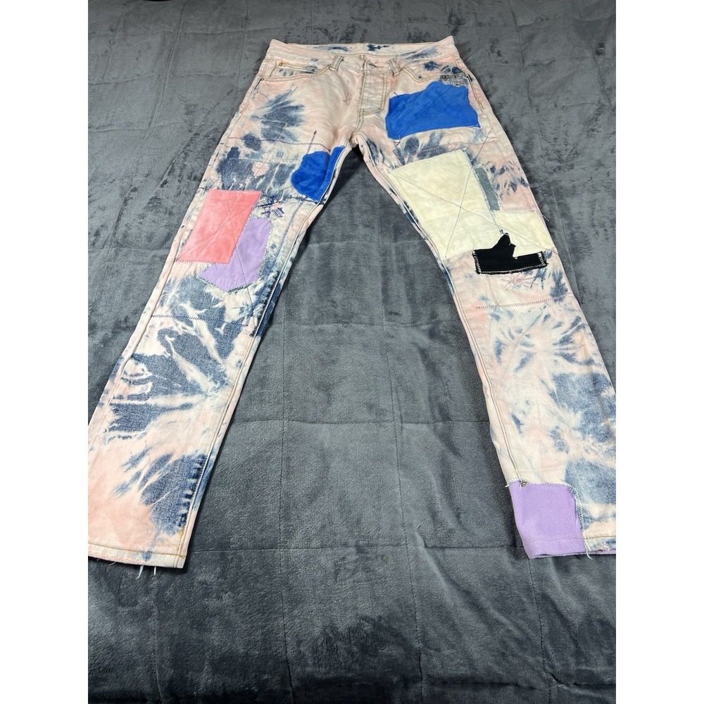 MNML Men's Patchwork Distressed Tie Dye Denim Jeans Pink Blue Purple‎ Size 31